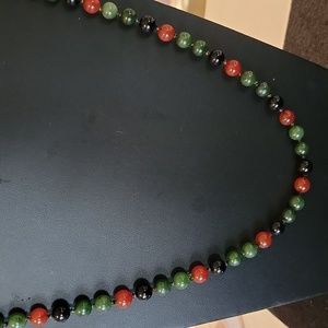 Chinese Jade, Carnelian and Onyx Bead Necklace.